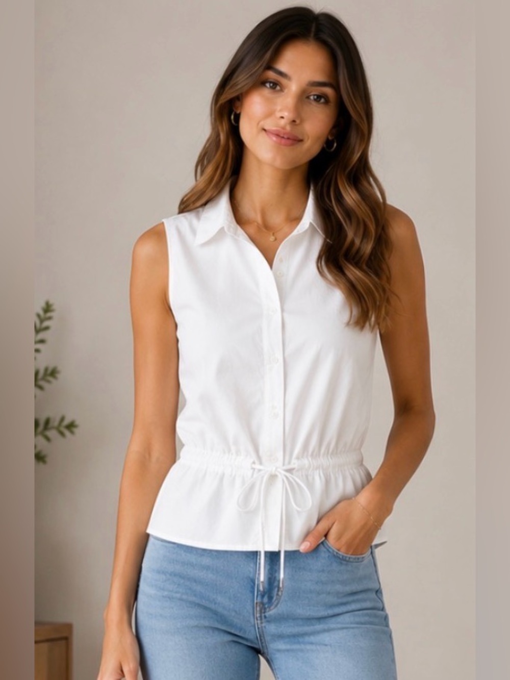 Athleta White Sleeveless Button-Front Drawstring Waist Top XL